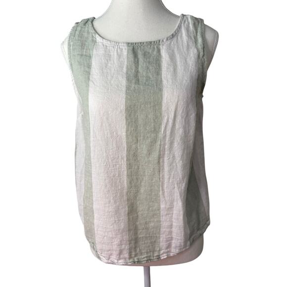 BeachLunchLounge Tops - BeachLunchLounge Criss Cross Open Back Small Green White Striped Blouse Linen